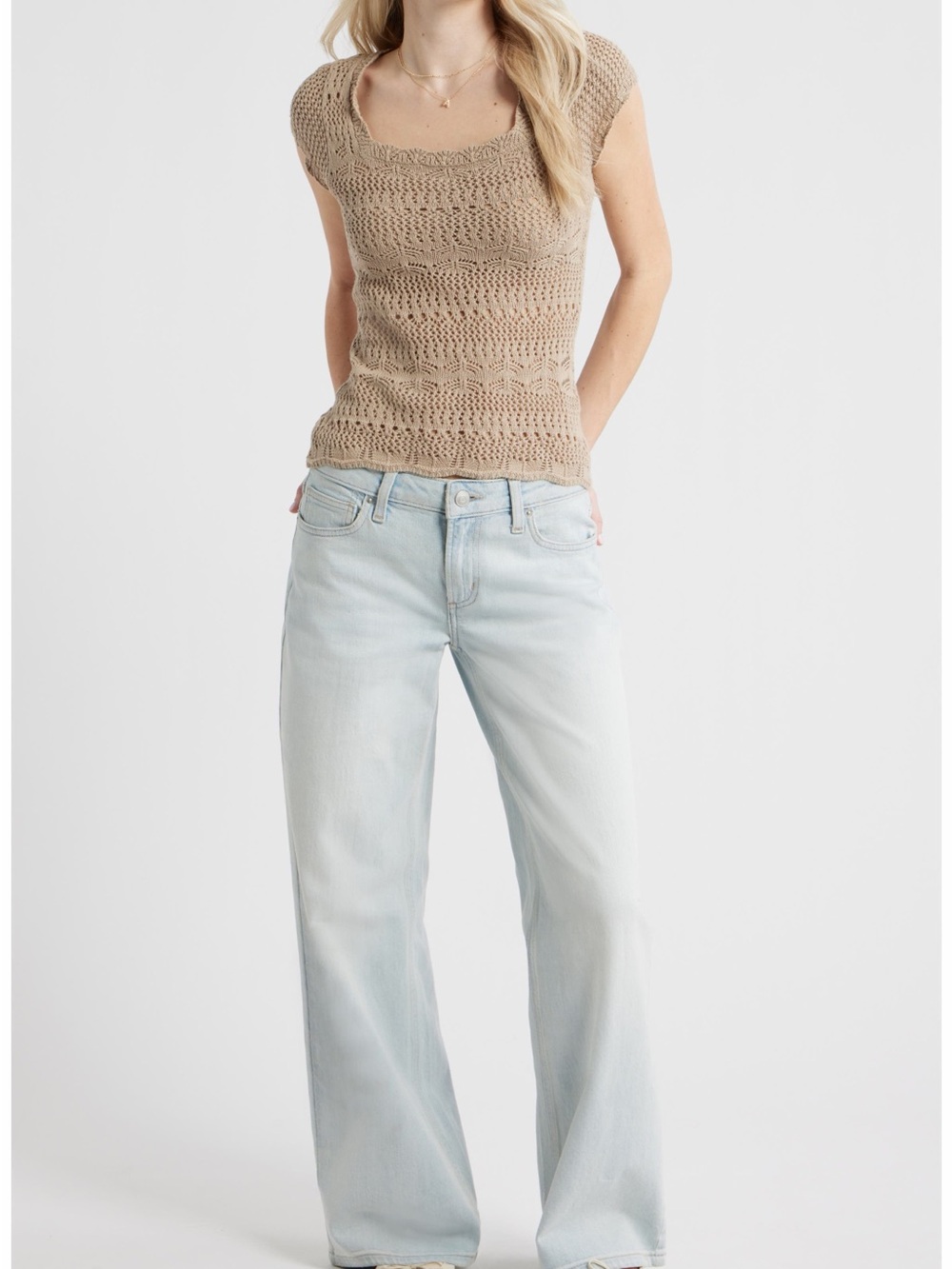 Bp Beige Crochet Knit Short Sleeve Top